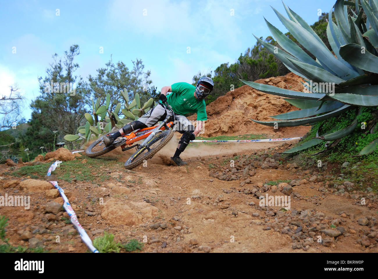 Ein Mountainbiker reitet auf einem staubigen Kakteen Track auf der spanischen Insel Teneriffa gesäumt. Stockfoto