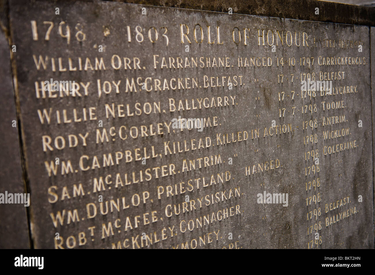 Rolle der Ehre der irischen republikanischen Toten aus der United Irishmen, 1798-1803 einschließlich William Orr und Henry Joy McCracken. Stockfoto