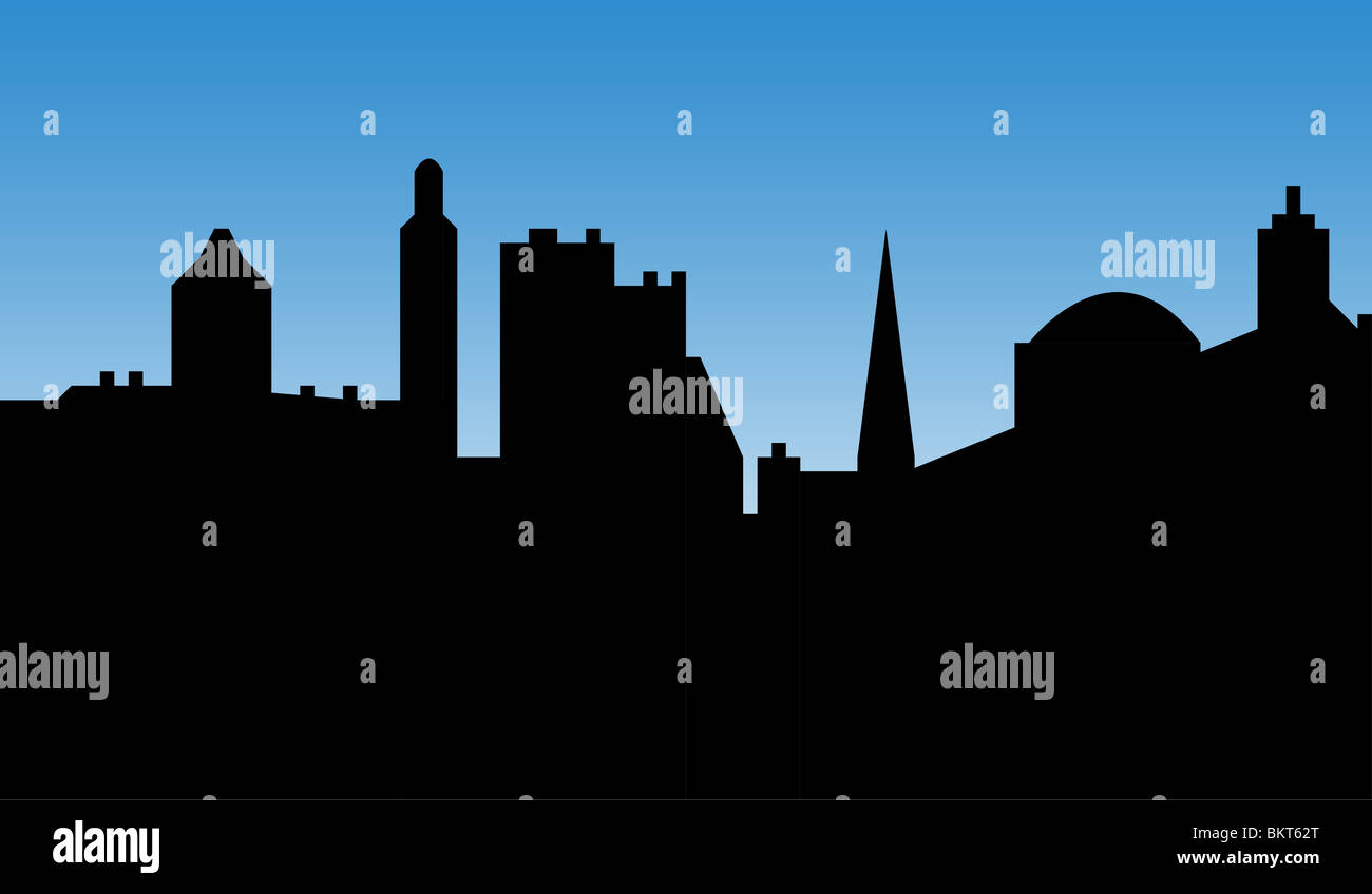 Mit Kathedrale oder Kirche, urbane Stadt Skyline Silhouette mit blauem Himmelshintergrund. Stockfoto