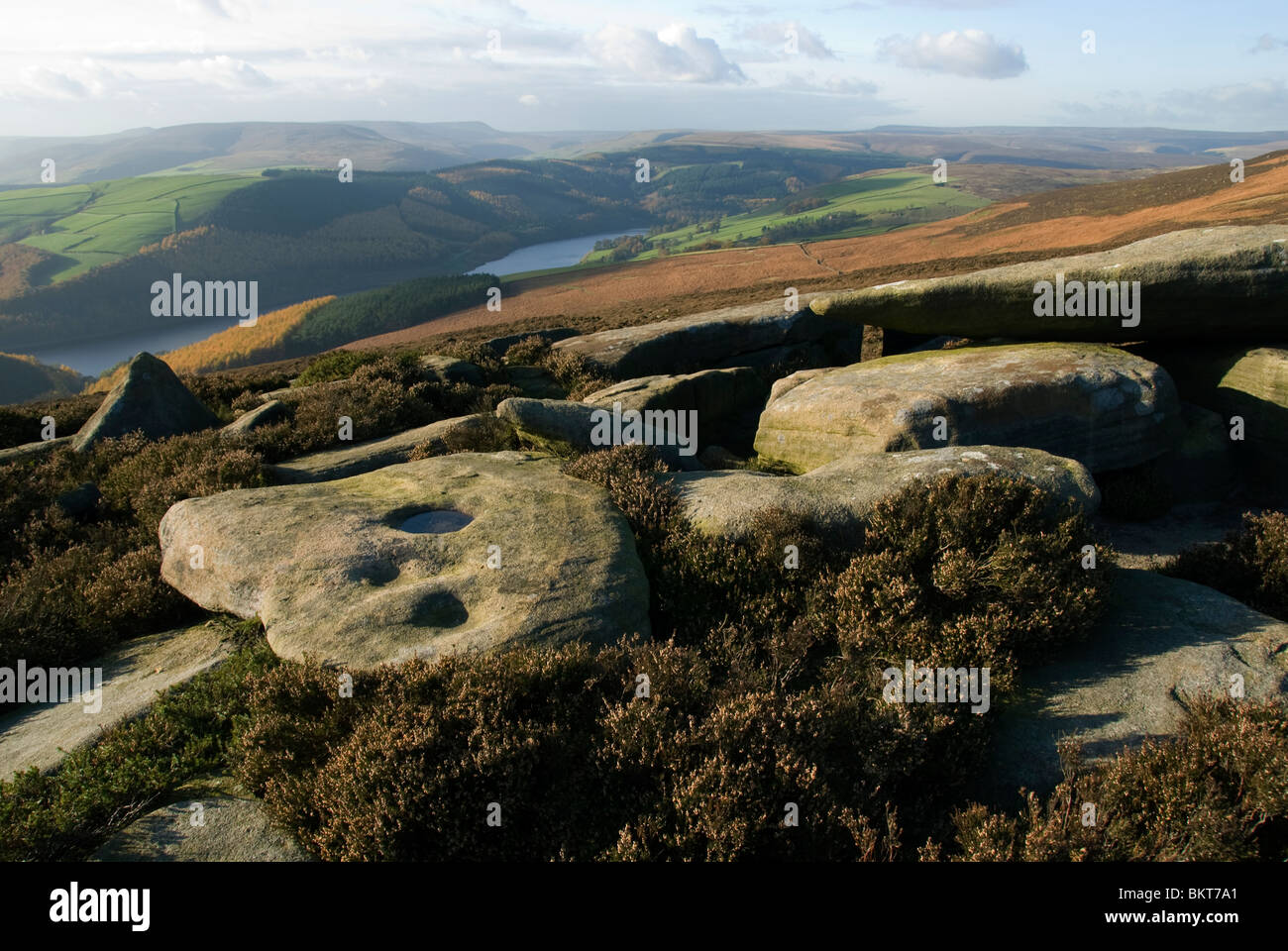 Ladybower Vorratsbehälter und die Kinder Scout plateau von Derwent Rand, Peak District, Derbyshire, England, UK Stockfoto