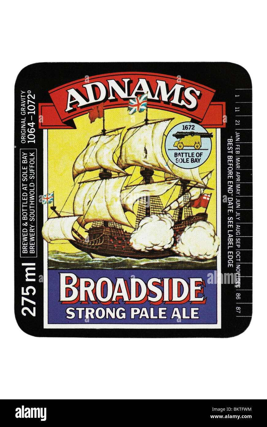 Adnams Broadside Strong Pale Ale-Flaschen-Etikett - ca. 1986-1987. Stockfoto