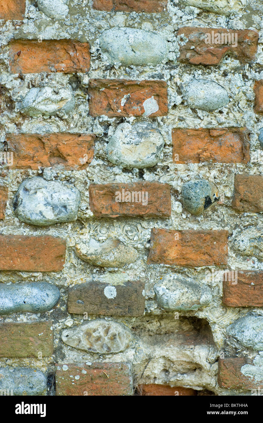 Feuersteine und Ziegel in Kalkmörtel gesetzt. Wand, Hickling, Norfolk, England. VEREINIGTES KÖNIGREICH. Stockfoto