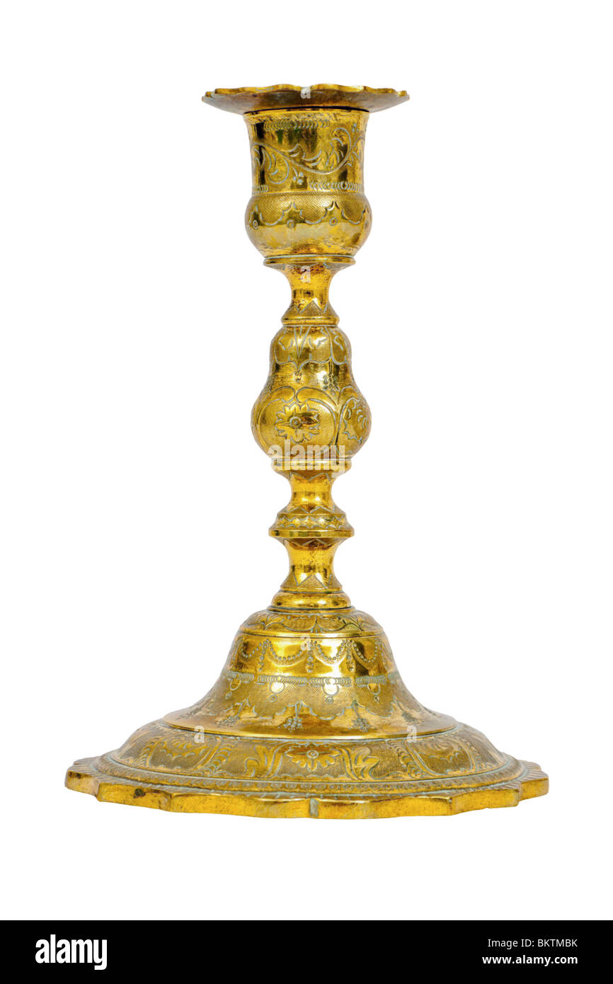 Reich verzierte Messing antik Leuchter Halter, auf weißen Hintergrund isoliert Stockfoto