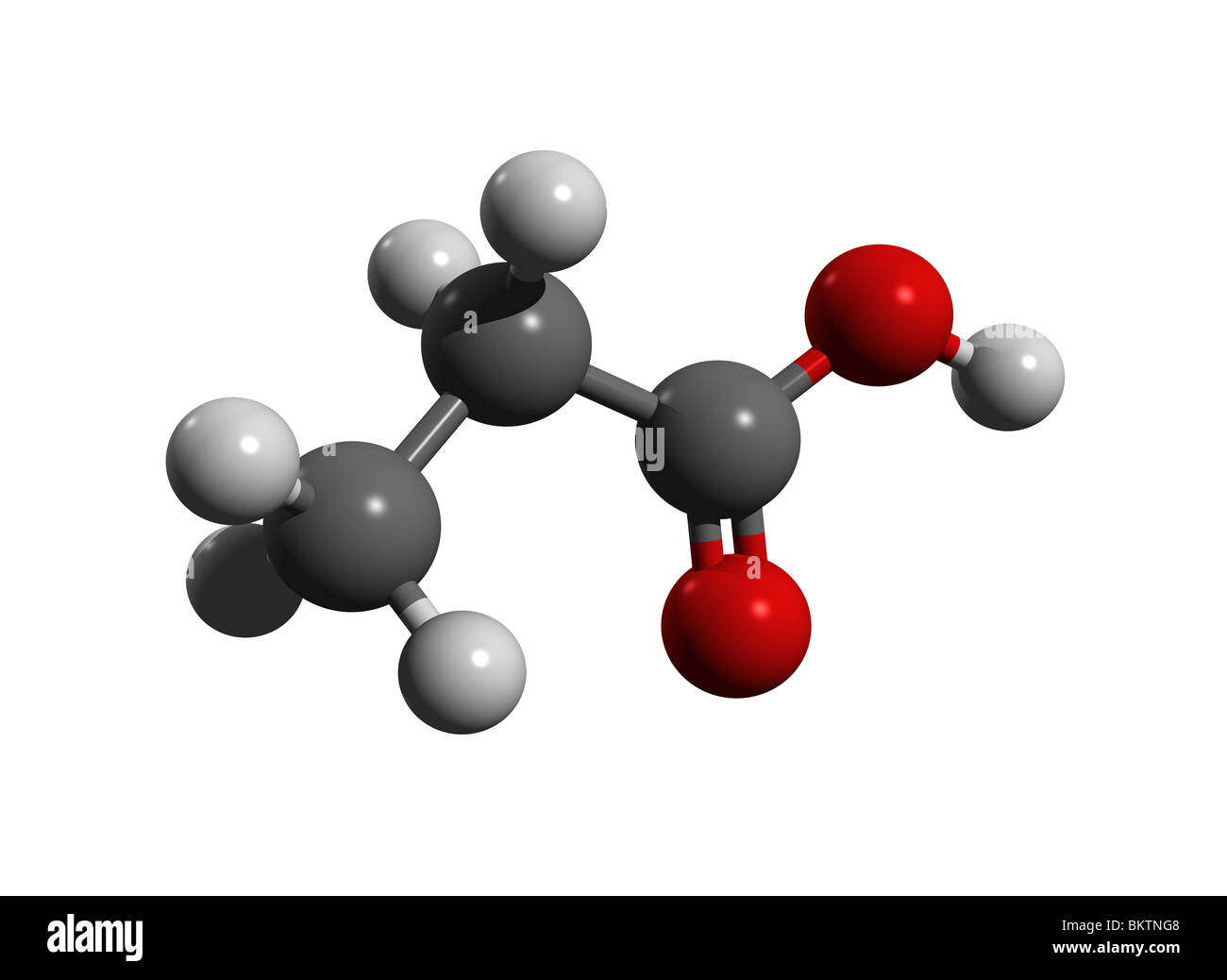 Propionsäure, Propanoic Säure (Farbcode: Schwarz = Kohlenstoff, weiß = Wasserstoff, rot = Sauerstoff) Stockfoto