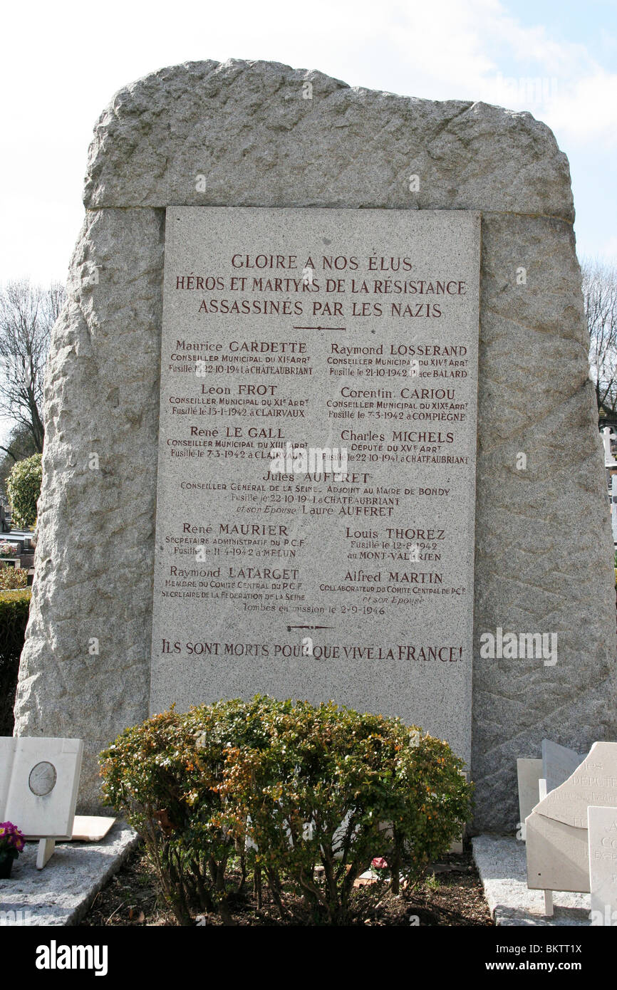 Denkmal für den französischen Widerstand Menschen von den Nazis getötet. Friedhof Pere Lachaise, Paris, Frankreich. Stockfoto
