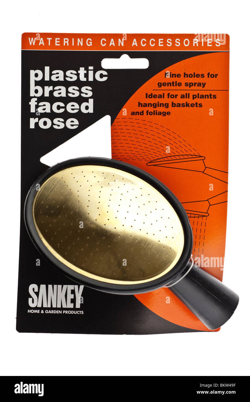 Tütchenverpackung Sankey Kunststoff Messing konfrontiert Rose Ersatzteil für eine Gießkanne Stockfoto