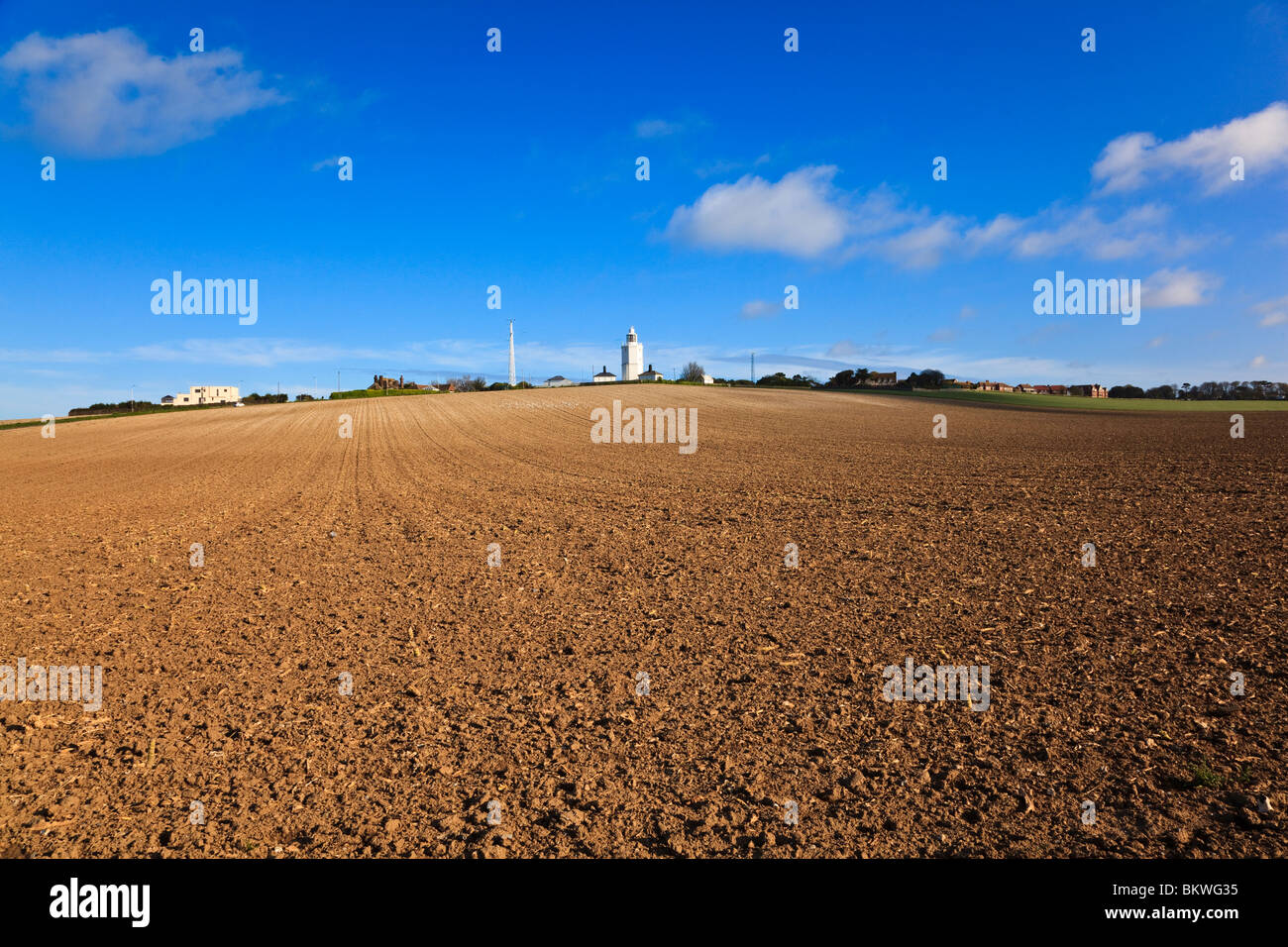 Frühling-Blick über den Äckern von North Foreland Leuchtturm, Broadstairs, Kent Stockfoto