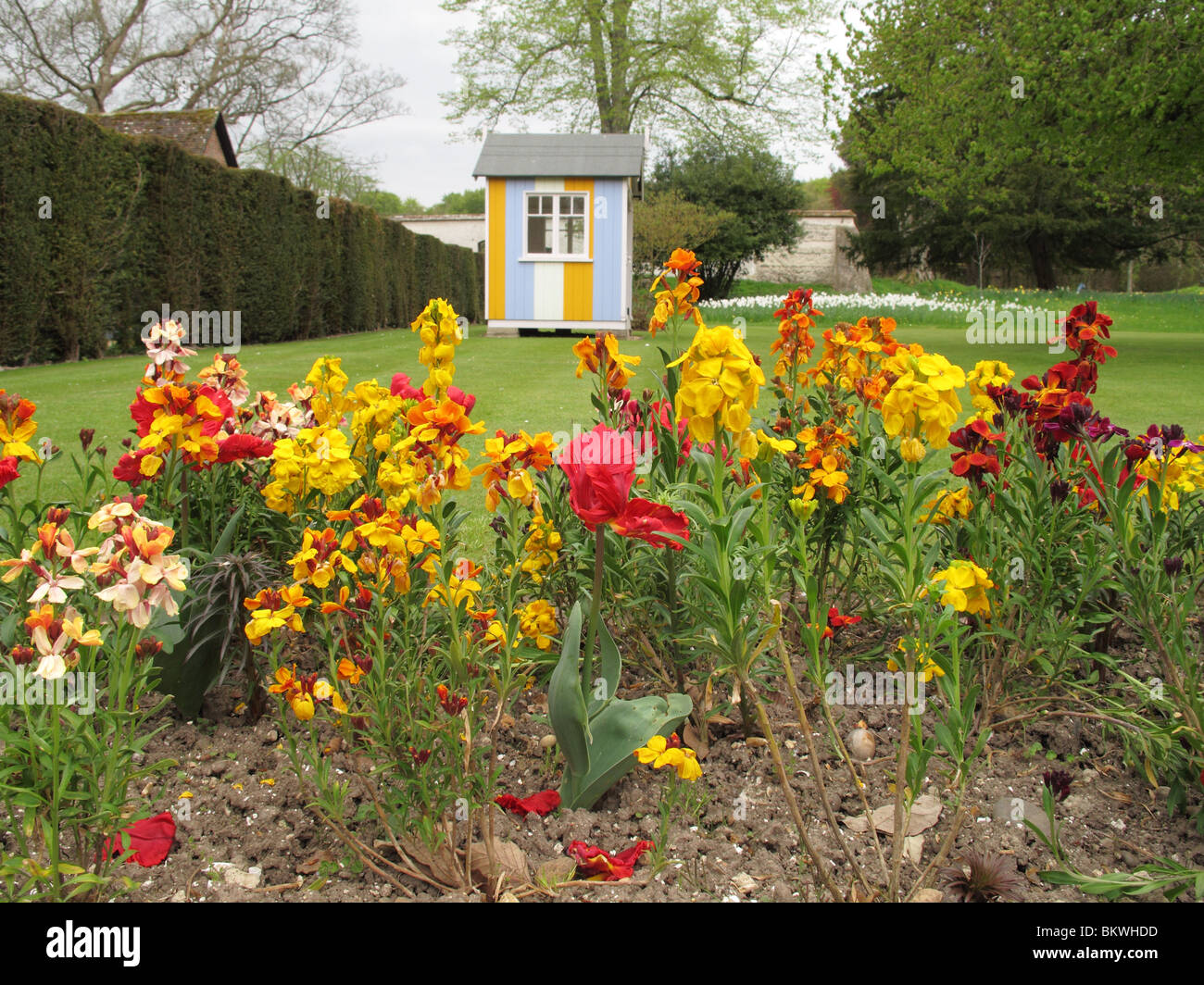 Blumenbeet und Gartenhaus Stockfoto
