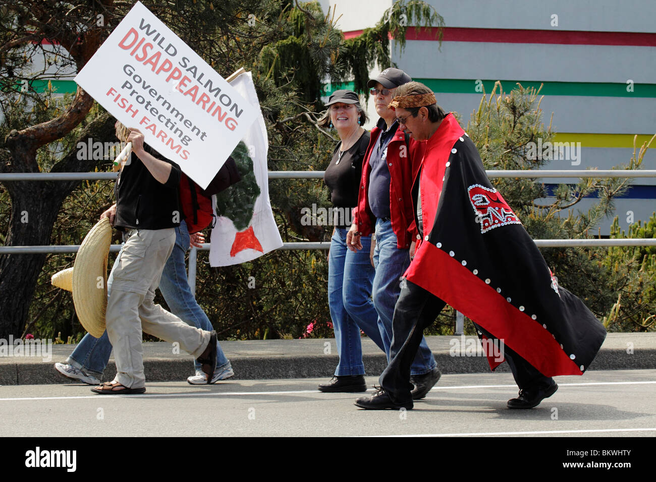 Demonstranten für Bestände, speichern die Wildlachs-Victoria, British Columbia, Kanada. Stockfoto