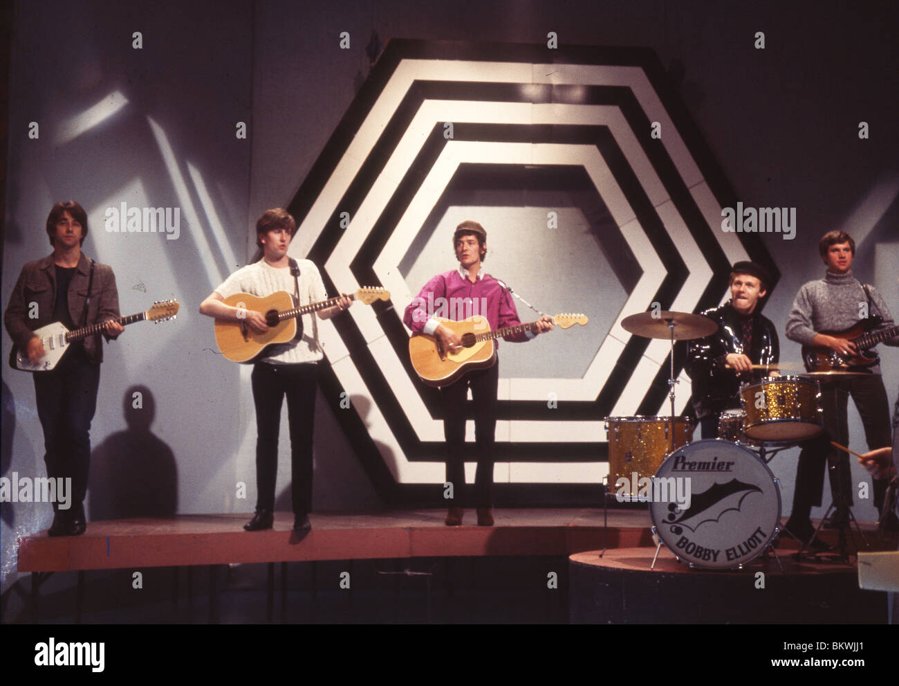 HOLLIES 1965 von links: Tony Hicks, Graham Nash. Allan Clarke, Bobby Elliott und Eric Haydock. Foto Tony Gale Stockfoto