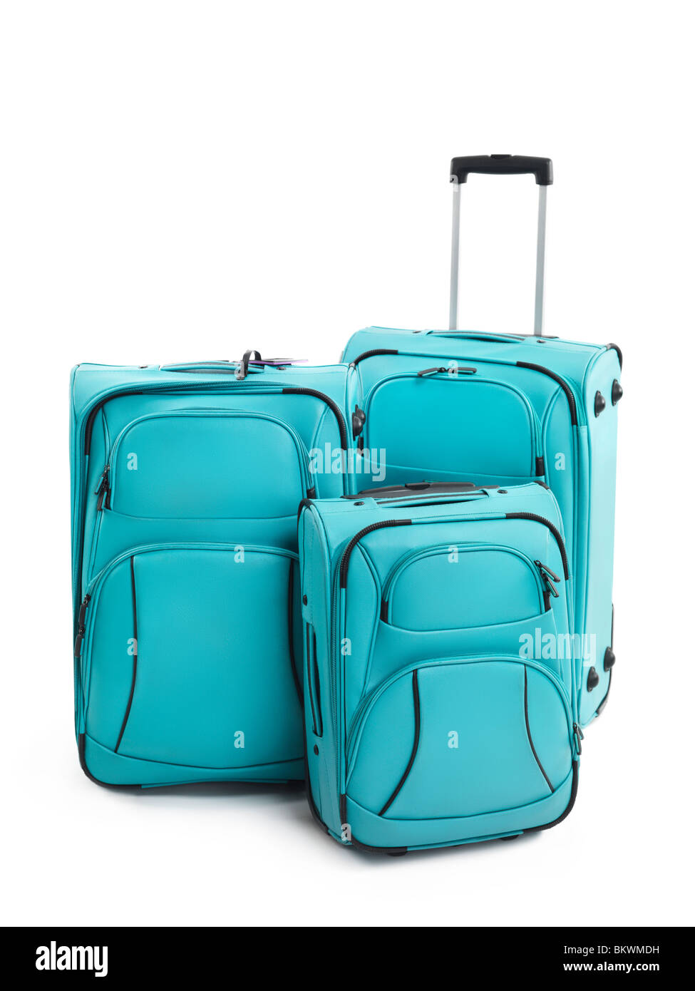 Drei blaue Koffer isoliert auf weißem Hintergrund Stockfoto
