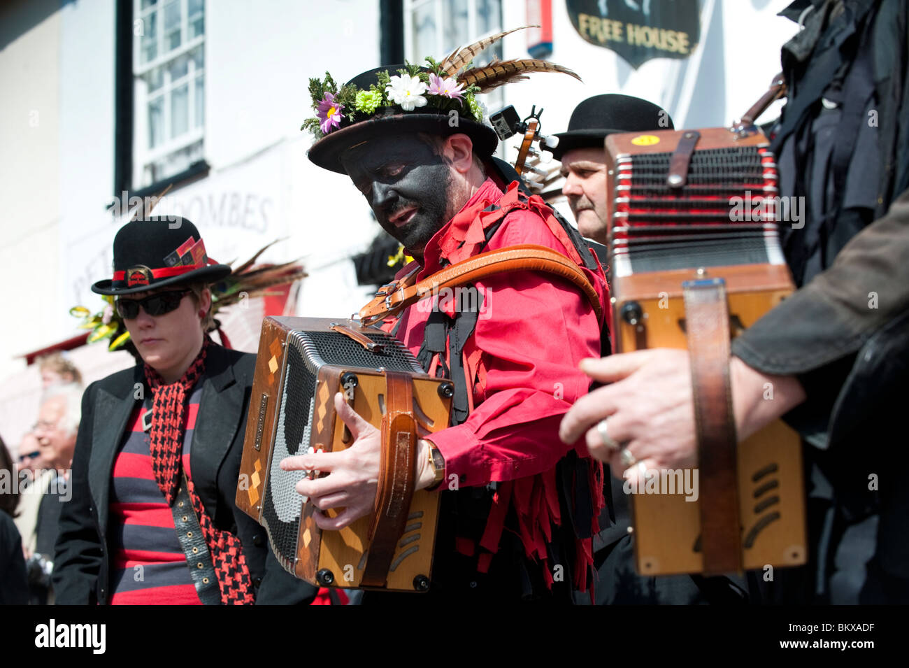 Ironmen und Severn Vergolder Morris dance Band, Green Man-Festival, Clun, Shropshire Stockfoto