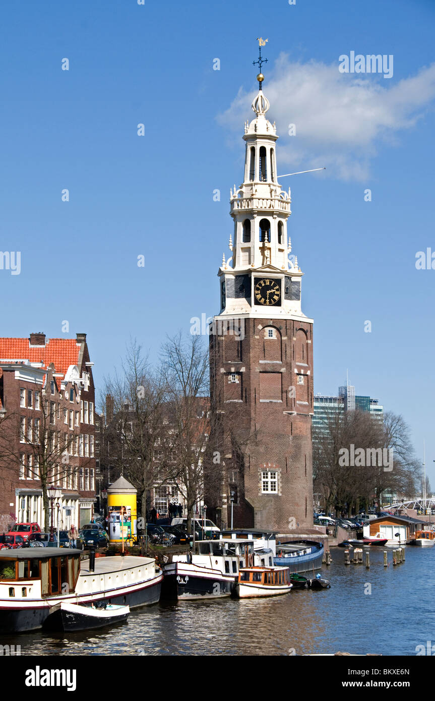 Amsterdam Niederlande Montelbaantoren Oudeschans Grachtenhaus Stockfoto