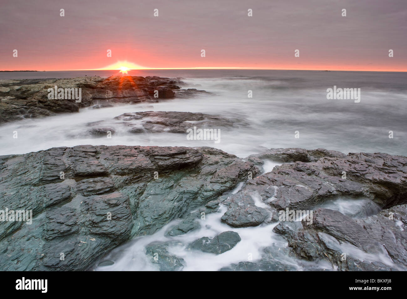 Sonnenaufgang in der Nähe von Brenton Point State Park auf Ocean Road in Newport, Rhode Island. Stockfoto