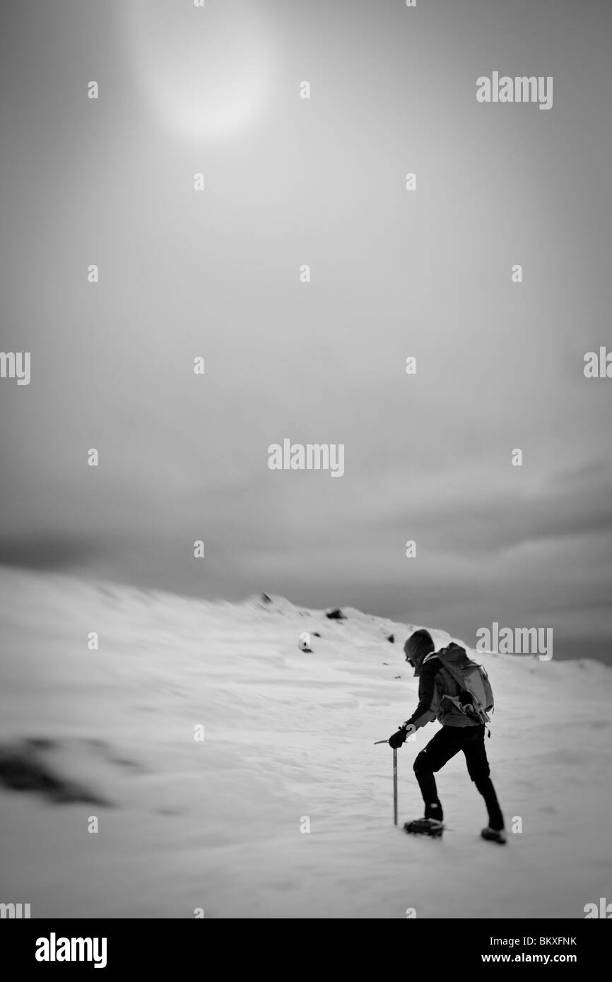 Ein Wanderer trotzt Winterbedingungen nahe dem Gipfel des Mount Washington in New Hampshire White Mountains. Stockfoto