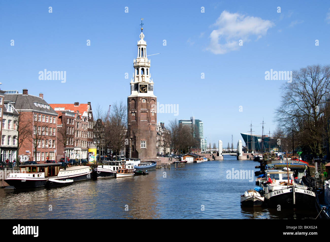 Amsterdam Niederlande Montelbaantoren Oudeschans Grachtenhaus Stockfoto
