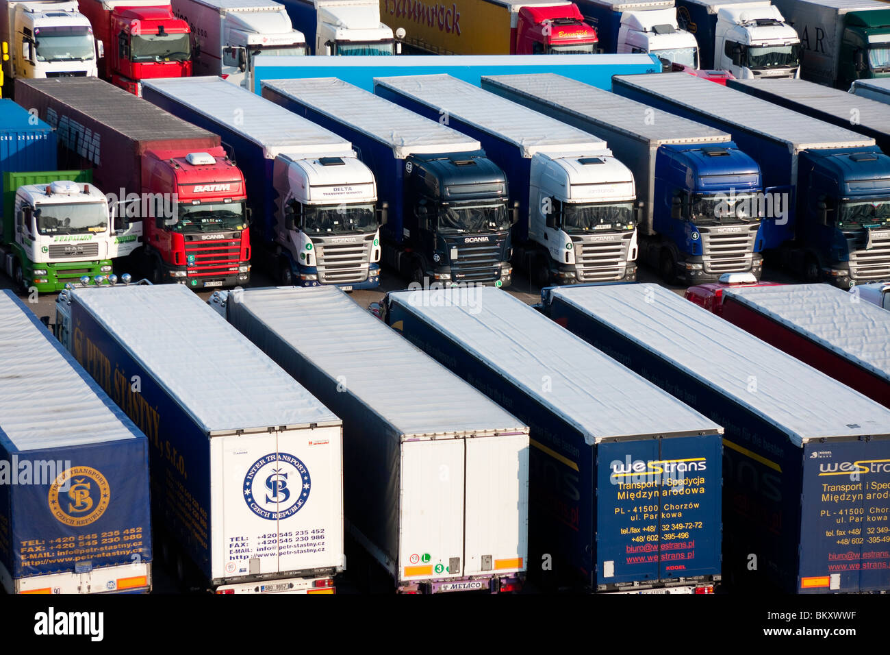 Nahaufnahme von Lkw-, Lkw- und Lkw-Reihen in einem LKW-Park im Hafen von Dover. Auf Fähren nach Frankreich und Belgien warten LKWs, die in Linien geparkt sind. Stockfoto