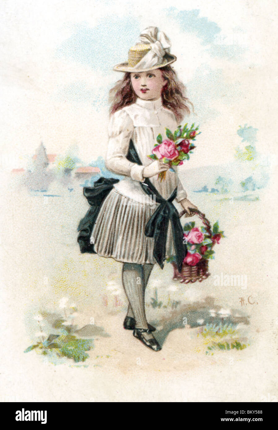 Mädchen mit einem Korb und Strauß Rosen Stockfoto