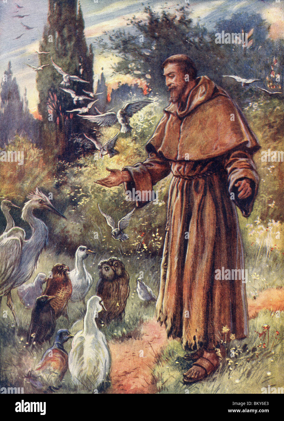 Religiöse aussehender Mann im Gespräch mit den Tieren Stockfoto