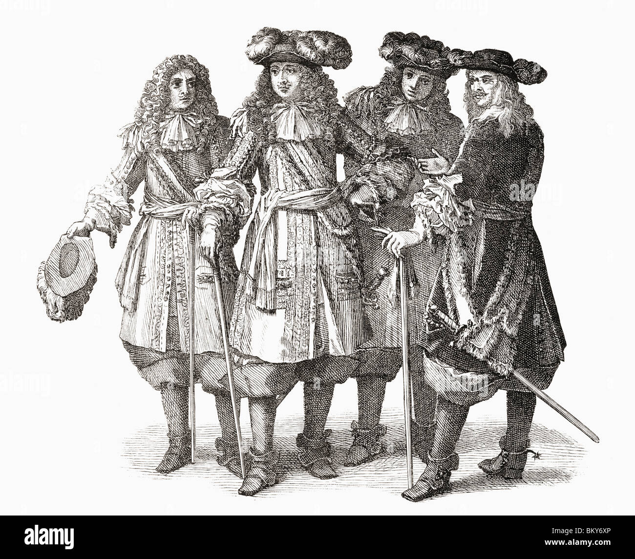 Louis XIV und Offiziere seines Stabes.  Ludwig XIV., 1638 bis 1715, König von Frankreich und Navarra. Stockfoto