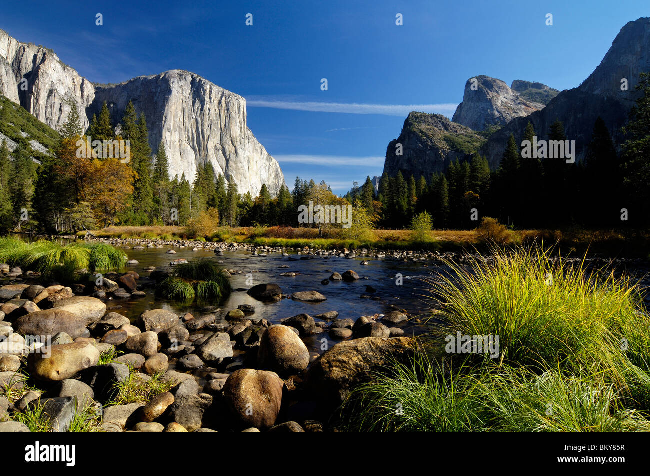 Idyllische Landschaft mit Bach im Sonnenlicht, Yosemite-Nationalpark, Kalifornien, Nordamerika, Amerika Stockfoto