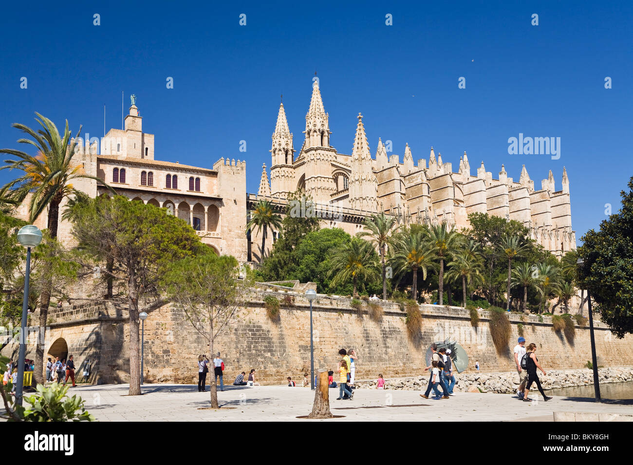 Menschen vor der Kathedrale La Seu im Sonnenlicht, Palma, Mallorca, Spanien, Europa Stockfoto
