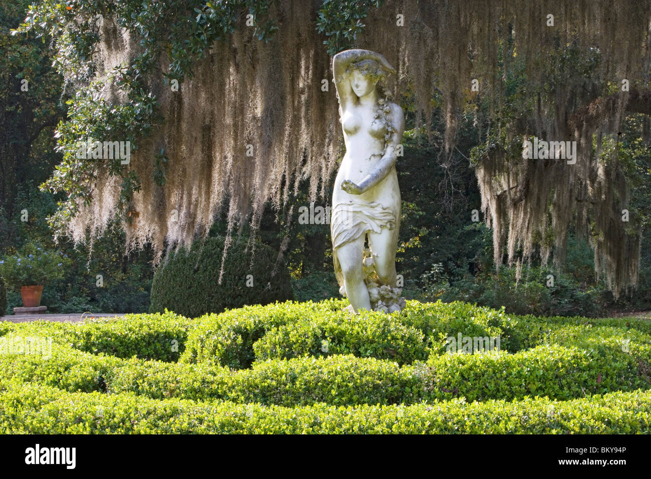 Eine Statue und alten Eichen bewachsen mit spanischem Moos, Afton Villengärten, St. Francisville, Louisiana, USA Stockfoto
