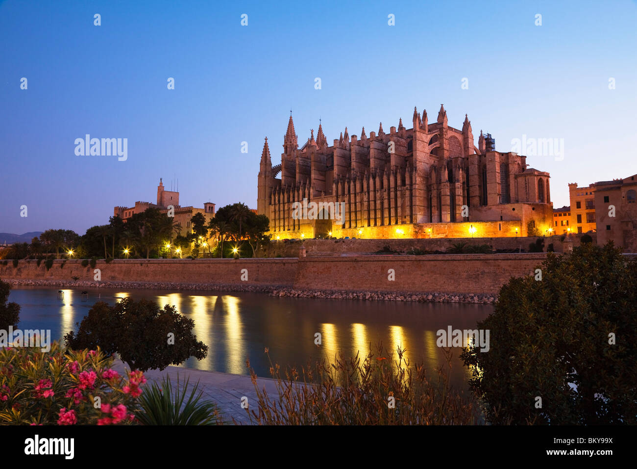 Kathedrale La Seu in Palma und Parc De La Mar im Morgengrauen, Mallorca, Balearen, Mittelmeer, Spanien, Europa Stockfoto