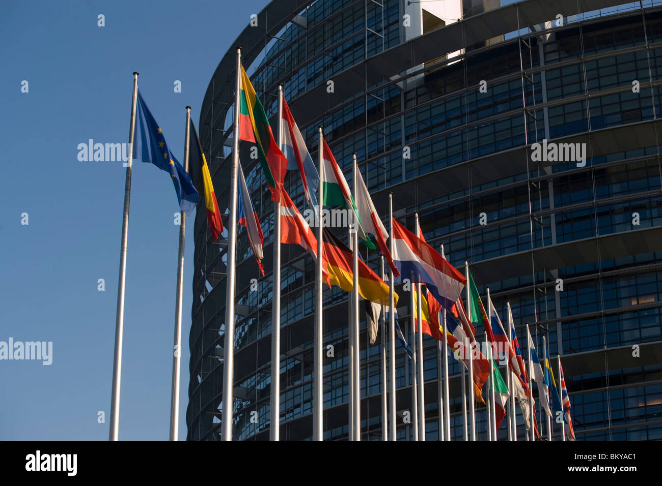 Flaggen vor Fahnen des Europäischen Parlaments, vor dem Europäischen Parlament, Straßburg, Elsass, Frankreich Stockfoto
