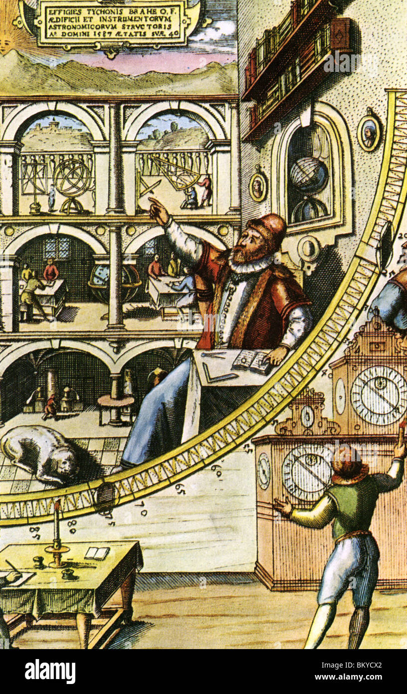 TYCHO BRAHE mit Fototapete Quadrant am Observatorium Uraniborg auf der Insel Ven in seinem Buch Astronomiae Instauratae Mechanica 1598 Stockfoto