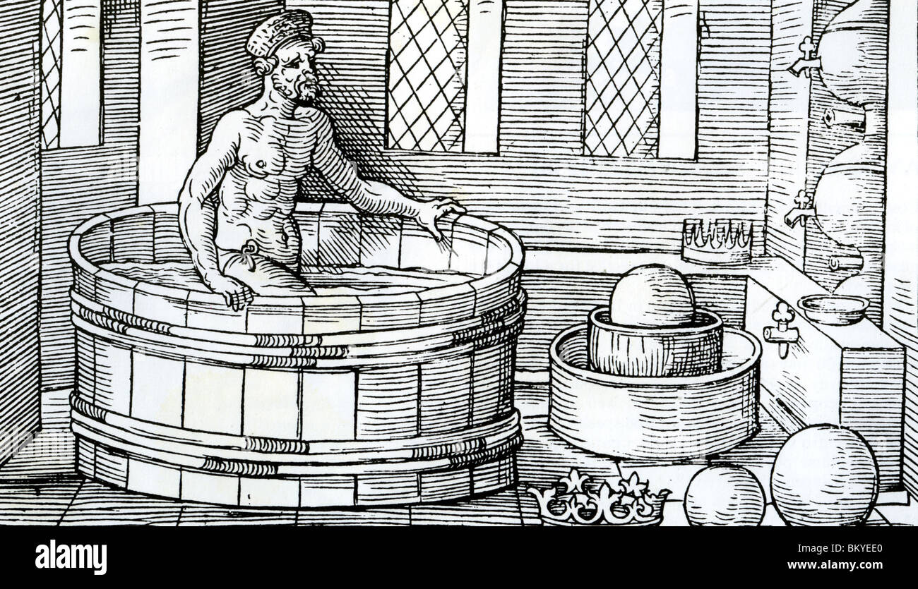 ARCHEMEDES in einem mittelalterlichen deutschen Holzschnitt vor seiner Entdeckung über volume Stockfoto