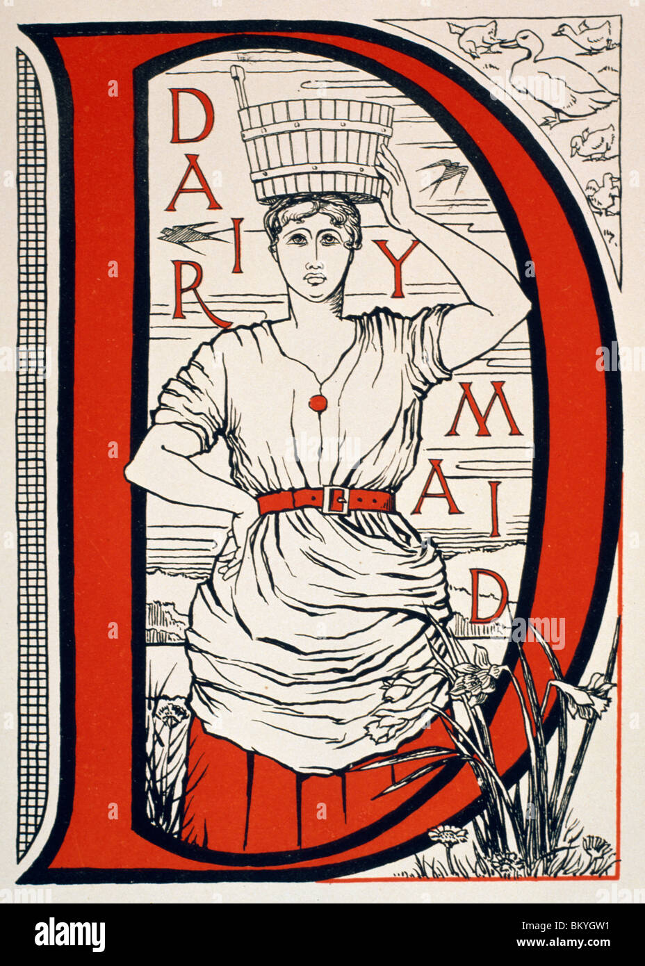 Der Buchstabe D (ist für die Sennerin, Enten), vom Buch ABC von Theodore Howard, Newberry Library, Chicago, USA, Illinois Stockfoto