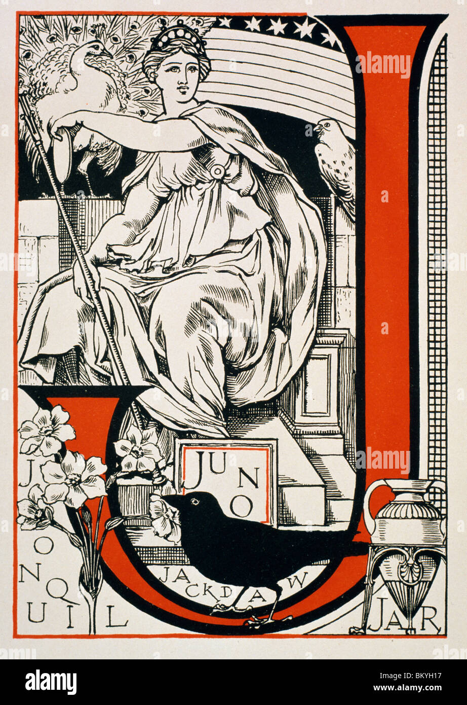 Der Buchstabe "J" ist (für Juno, Glas...), aus Buch ABC von Theodore Howard, Newberry Library, Chicago, USA, Illinois Stockfoto