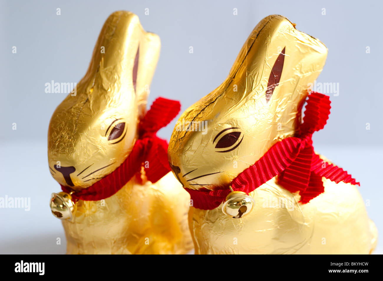 Schokolade Osterhasen eingewickelt in Goldfolie mit einer roten Schleife und eine kleine Glocke Stockfoto