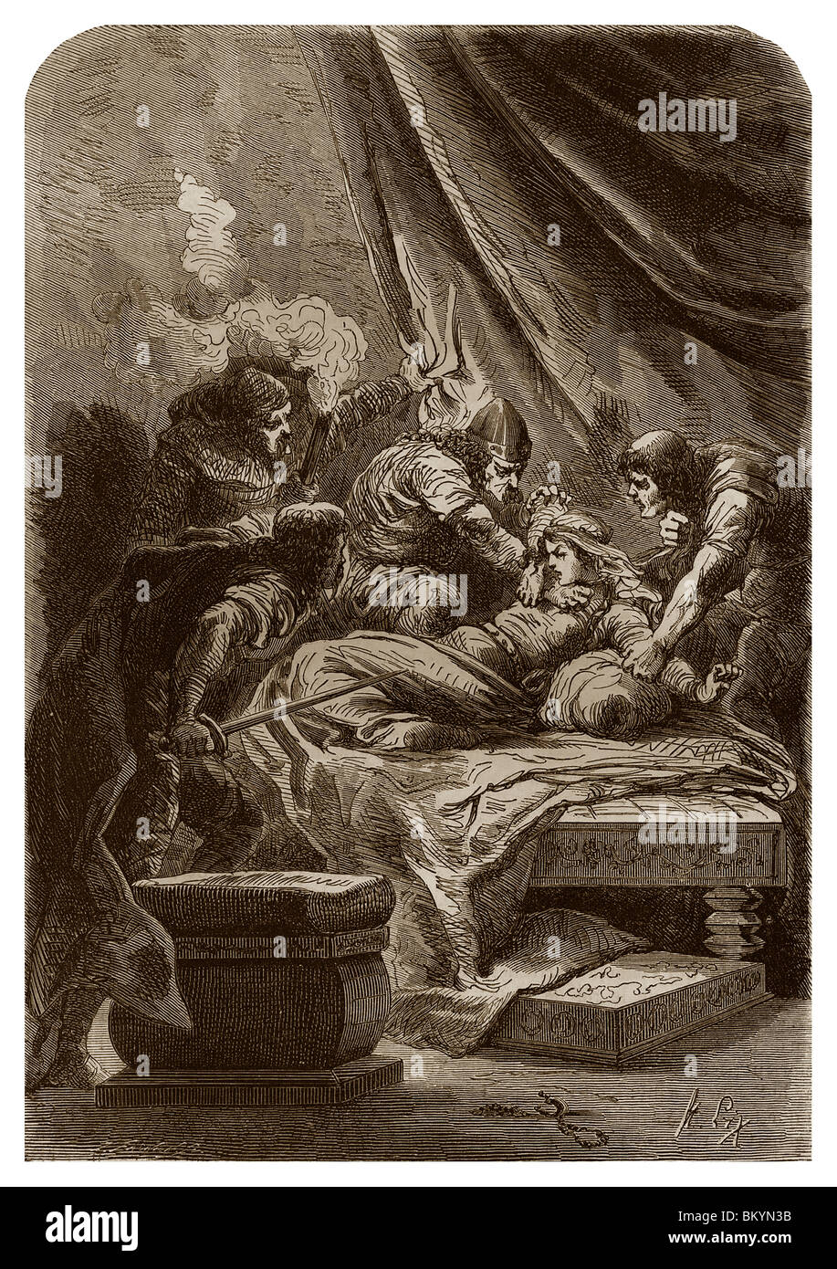 567 Chilperic ich, erwürgen auf Veranlassung seiner Herrin Fredegund, machte seine Frau Galswintha in ihrem Schlaf ein Diener. Stockfoto