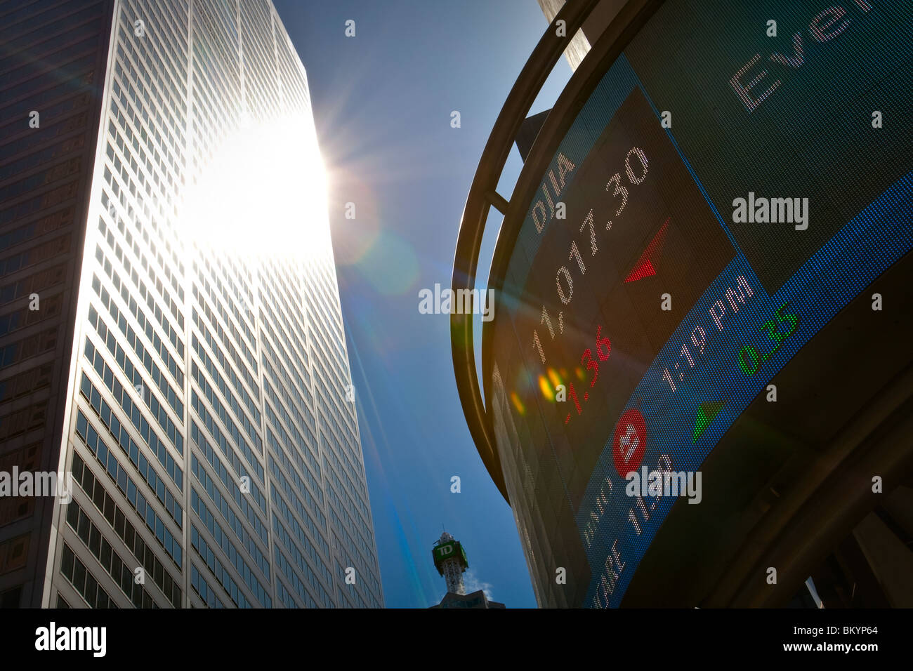 Der Dow Jones Industrial Average Börsenindizes wird auf einer Platine im Finanzdistrikt von Toronto Stockfoto