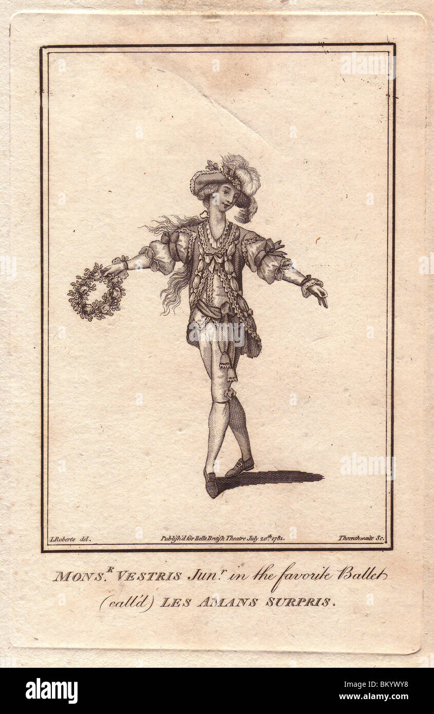 Monsieur Auguste Vestris Jr. im Lieblings-Ballett "Les Amans erstaunt." Stockfoto