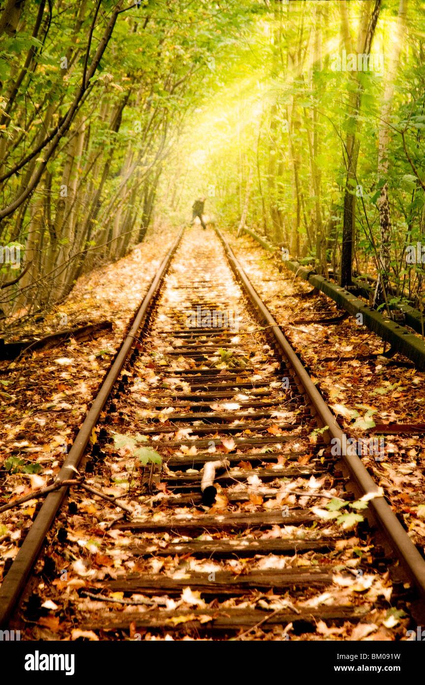 Alten Bahnstrecke ungenutzte seit den 80er Jahren in Berlin laufen durch Wald mit einer Figur in der Ferne Stockfoto