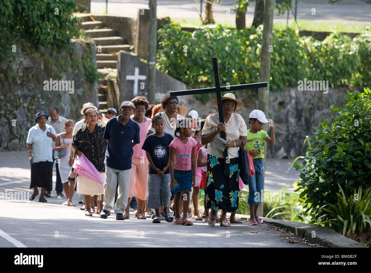 Palmsonntag-Prozession, Victoria, Mahé, Seychellen Stockfoto