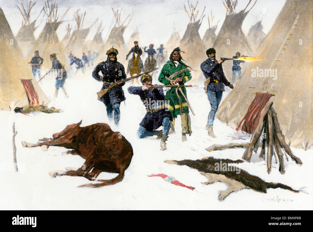 Niederlage des Chief Crazy Horse während der Sioux Uprising, 1877. Hand - farbige Holzschnitt Stockfoto
