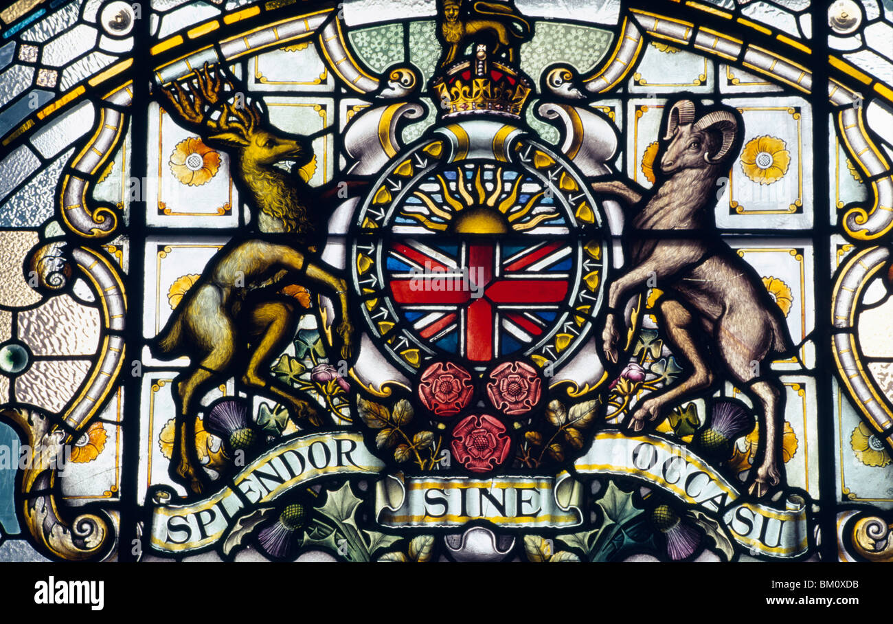 Wappen von Britisch-Kolumbien auf einer Glasmalerei, British Columbia Parlamentsgebäude, Victoria, Britisch-Kolumbien, Kanada Stockfoto