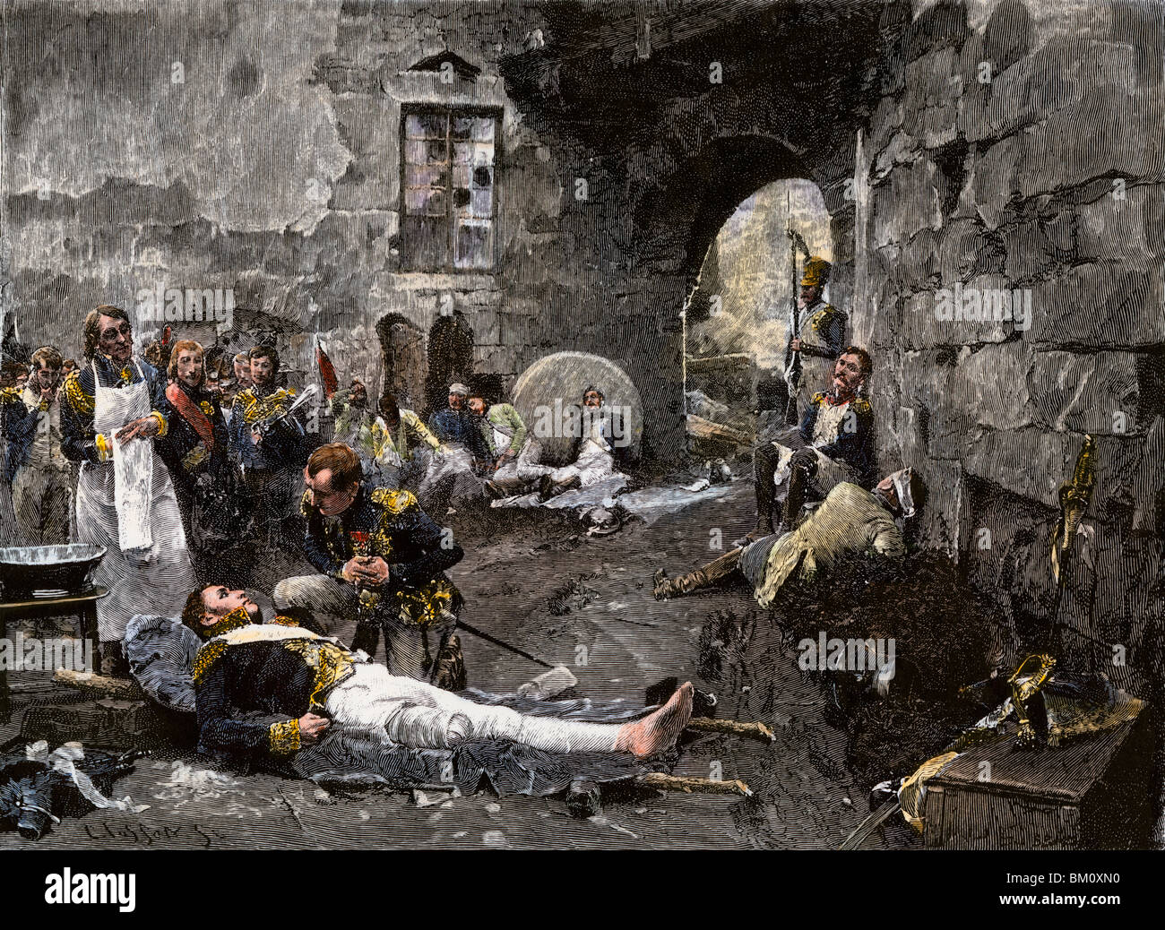 Napoleon mit Marschall Lannes, tödlich in Essling, 1809 verwundet. Hand - farbige Holzschnitt Stockfoto