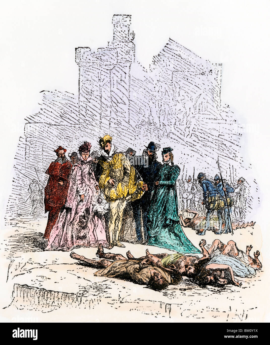 Das Massaker an den Hugenotten, die die Truppen Katharina de Medici auf St. Bartholomä Tag, Paris, 1572. Hand - farbige Holzschnitt Stockfoto