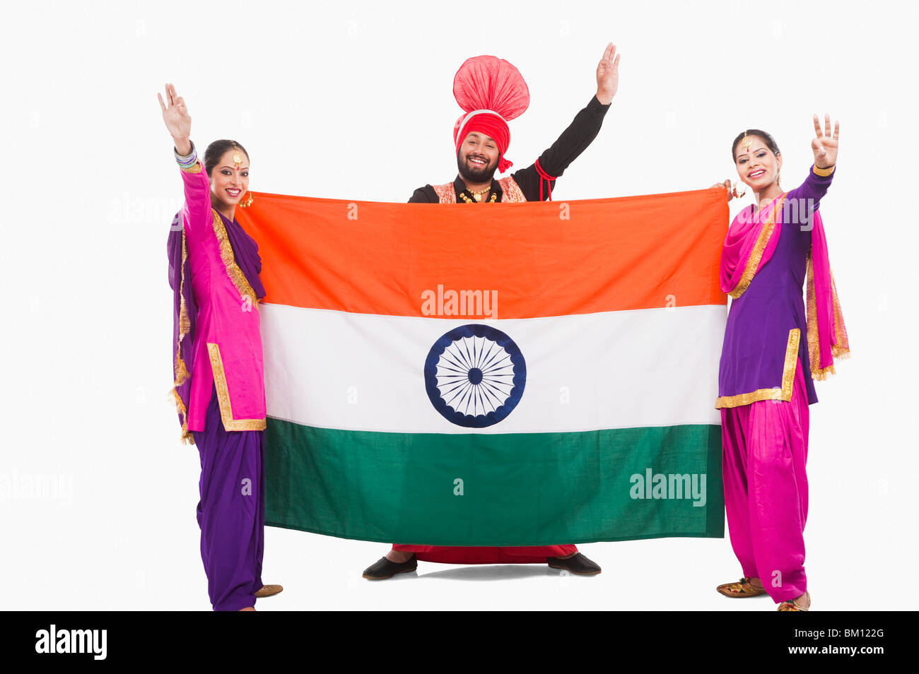 Bhangra Tänzer halten eine indische Flagge Stockfoto