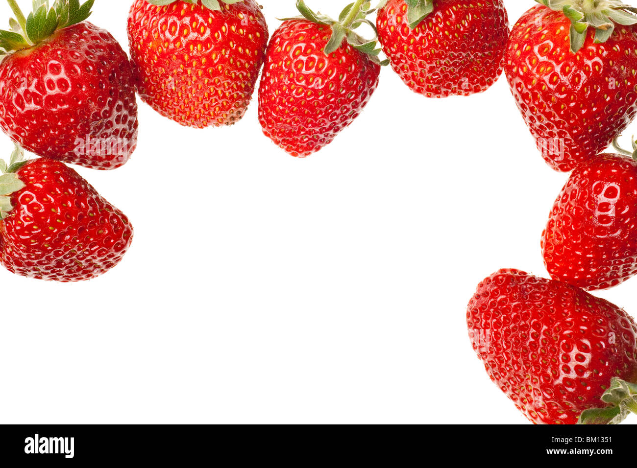 Reife rote Erdbeeren mit stammt und verlässt isolierten auf weißen Hintergrund Stockfoto