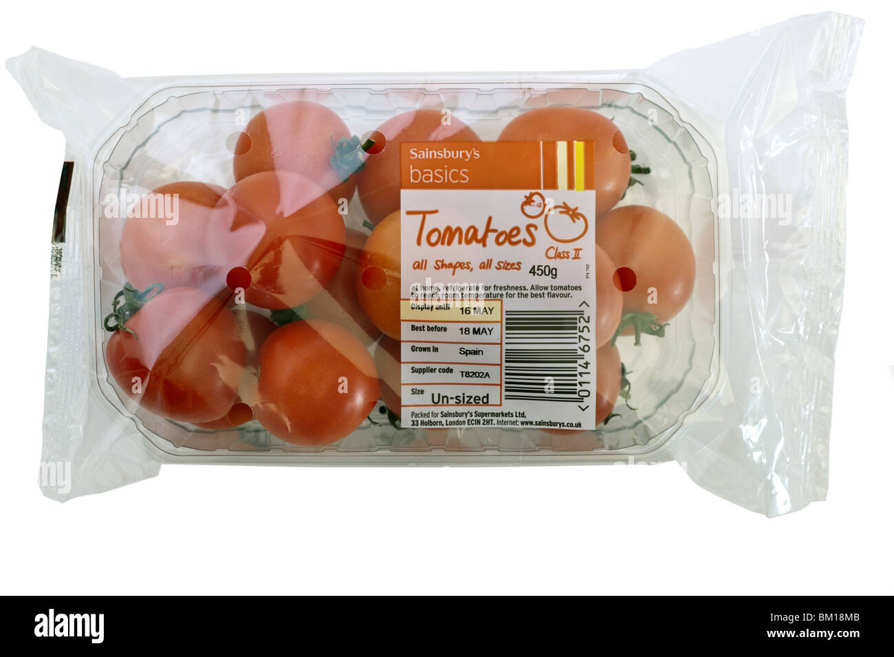450g Zellophan eingewickelt Kunststoff Körbchen Sainsbury Grundlagen Klasse 11 spanische Tomaten Stockfoto