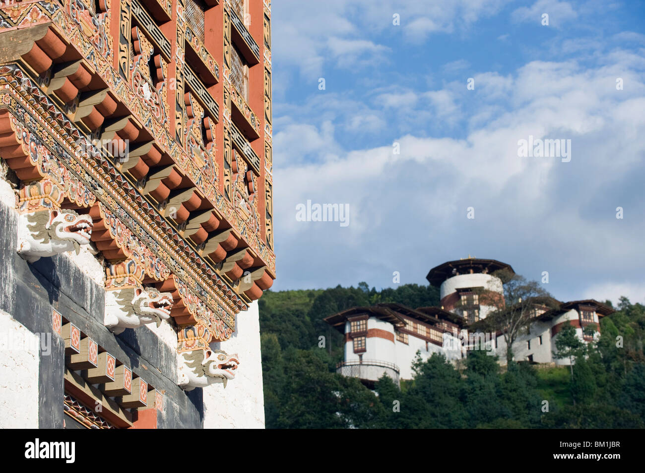 Turm in Trongsa Dzong (Chokhor Raptentse), 1648, Bhutan, Asien aus zu sehen Stockfoto