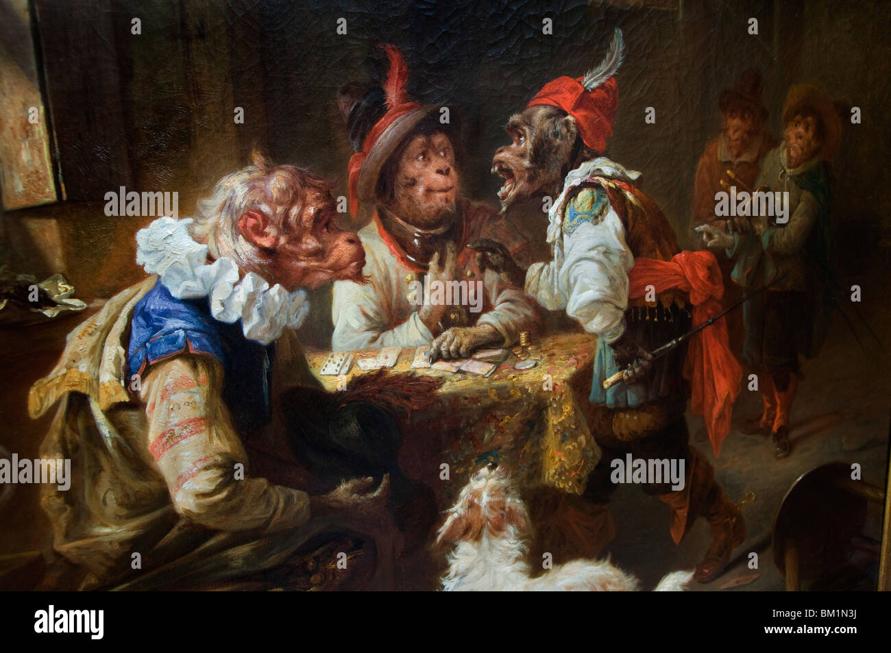 Affe Antiquitätenmarkt Affen Karte Spiele Malerei Zacharie Noterman 1820 Brüssel Bruxelles Place de grand Sablon Grote zavel Stockfoto