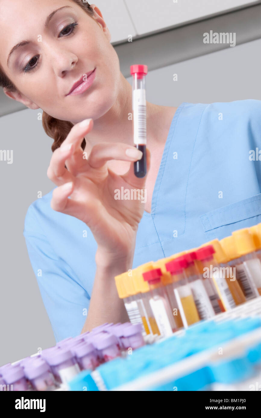 Weibliche Laborantin, die Analyse einer Blutprobe in einem Reagenzglas Stockfoto