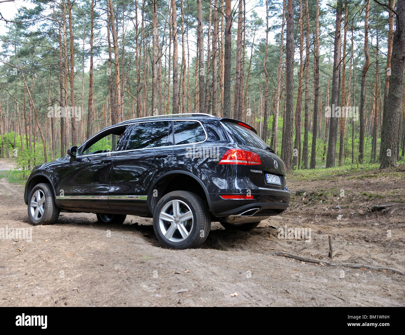 Volkswagen Touareg 3.0 TDI V6 BlueMotion - mein 2010 (MK2) - dunkel blau Metallic - deutschen beliebten großen SUV - im Wald Stockfoto